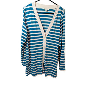 Coldwater Creek Cardigan Shirt Preppy Teal Womens Size Large Open Striped Cotton